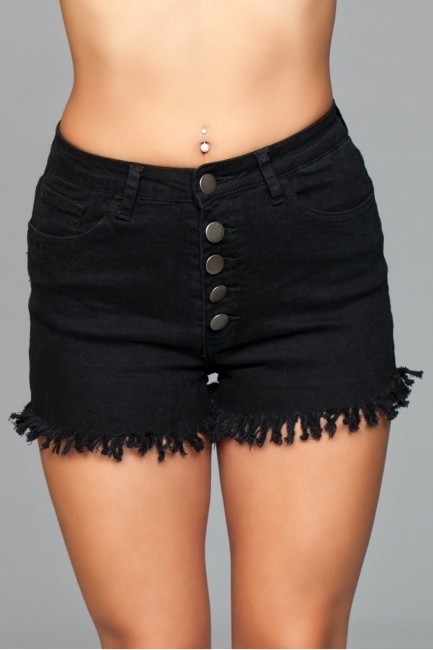 Fringed Black Button Up Shorts