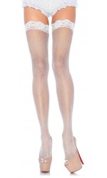 Fishnet Garter Stockings with Lace Top - White