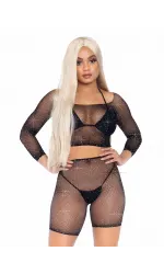 Bling Queen Black Fishnet Crop Top Set