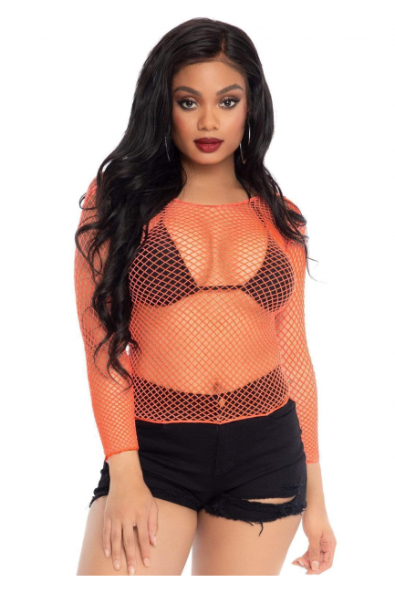 Neon Orange Fishnet Long Sleeve Shirt