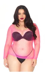 Neon Pink Fishnet Long Sleeve Plus Size Shirt