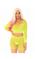 Bling Queen Neon Yellow Fishnet Crop Top Set