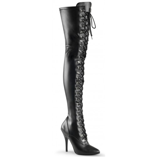 Lace Up Front Thigh High Black Boots in Black Faux Leather